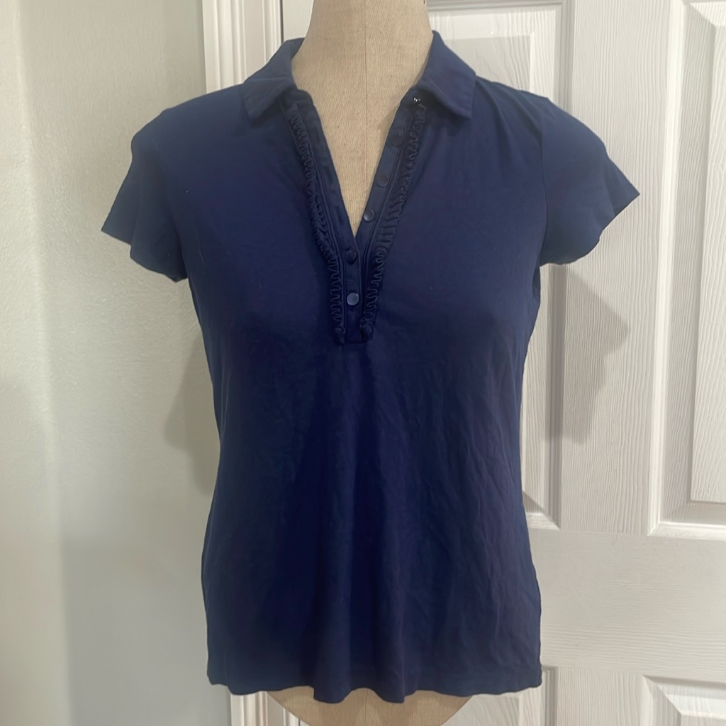 Vintage Talbots Polo Short Sleeve Ruffled Edge Buttons Collar Blue Women Size S